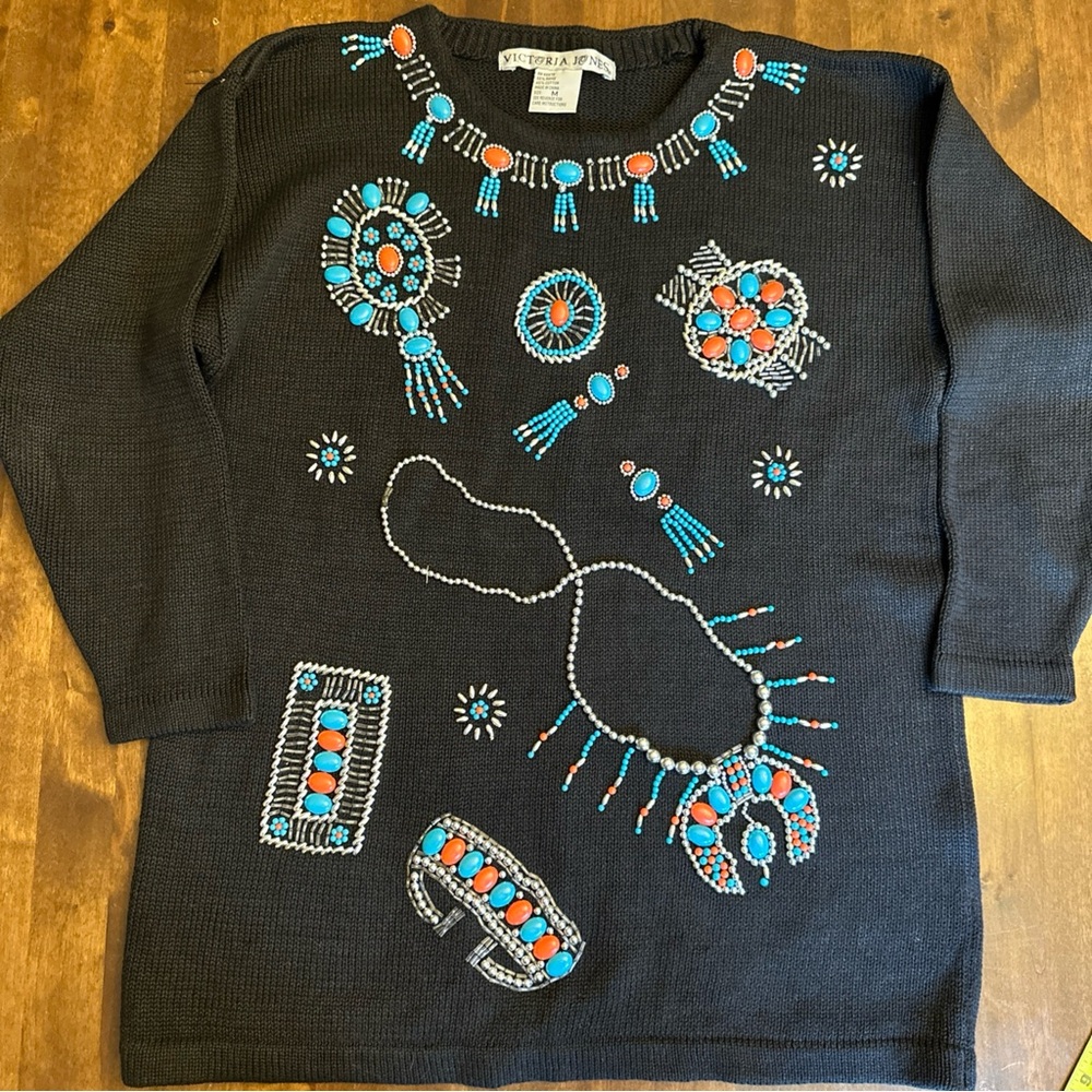 VTG‎ Victoria Jones M Southwest Beaded Sweater Aztec Tribal Native Southwest